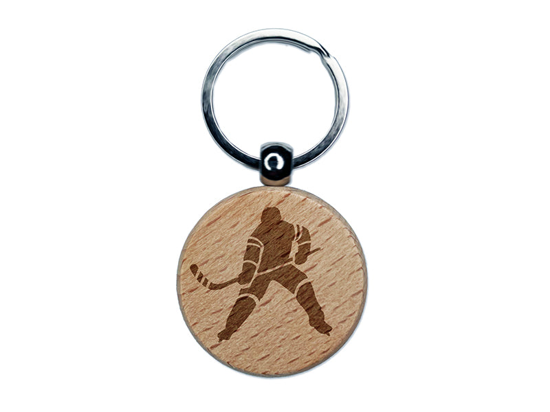 Hockey Player Holding Hockey Stick Engraved Wood Round Keychain Tag Charm
