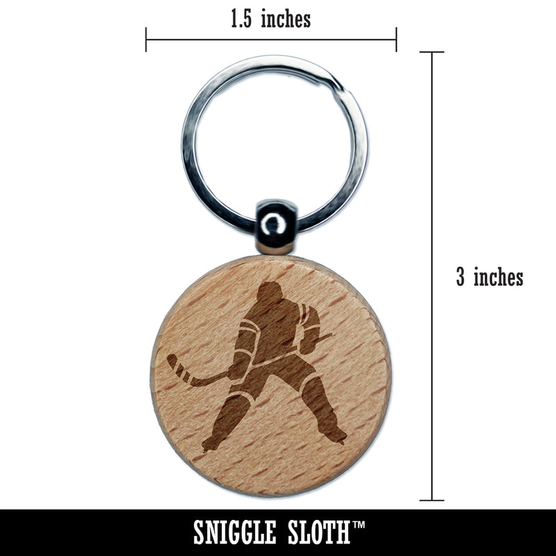 Hockey Player Holding Hockey Stick Engraved Wood Round Keychain Tag Charm