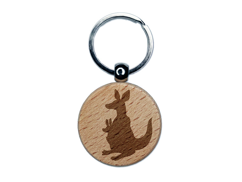 Kangaroo Mother with Baby Joey Silhouette Engraved Wood Round Keychain Tag Charm