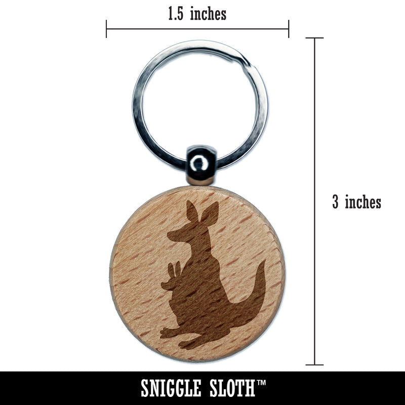 Kangaroo Mother with Baby Joey Silhouette Engraved Wood Round Keychain Tag Charm