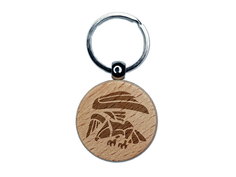 Landing Geometric Eagle Hawk Bird of Prey Engraved Wood Round Keychain Tag Charm