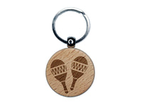 Maracas Rumba Shaker Mardi Gras Latin Caribbean Musical Instrument Engraved Wood Round Keychain Tag Charm