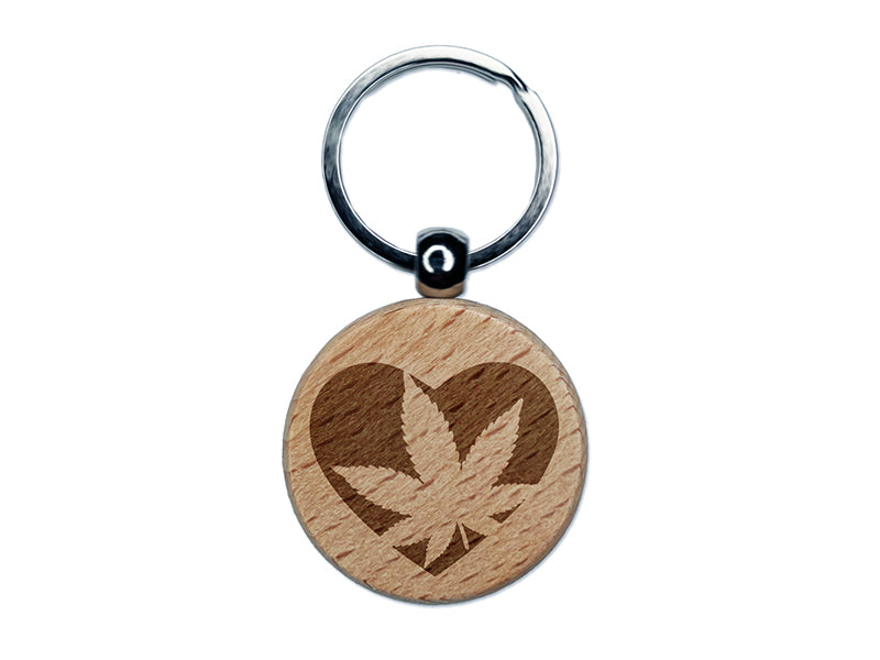 Marijuana Leaf in Heart Engraved Wood Round Keychain Tag Charm