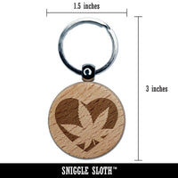 Marijuana Leaf in Heart Engraved Wood Round Keychain Tag Charm
