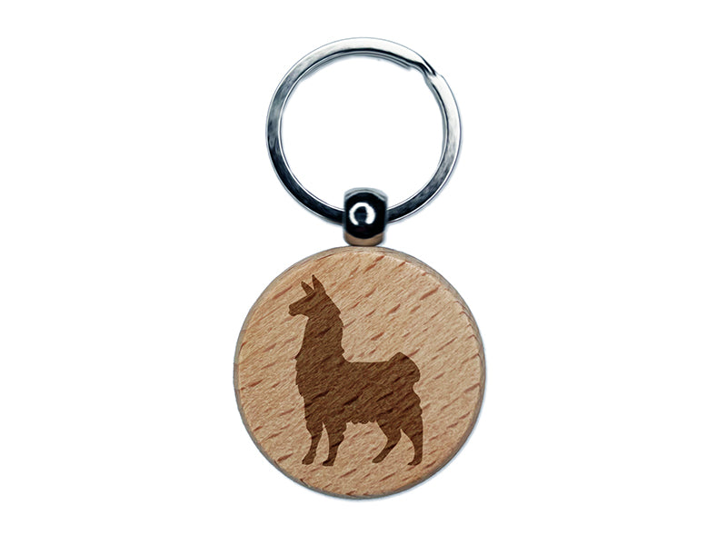 Proud Wooly Llama Standing Silhouette Engraved Wood Round Keychain Tag Charm