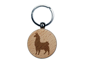 Proud Wooly Llama Standing Silhouette Engraved Wood Round Keychain Tag Charm