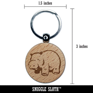 Round Standing Hippopatomus Engraved Wood Round Keychain Tag Charm