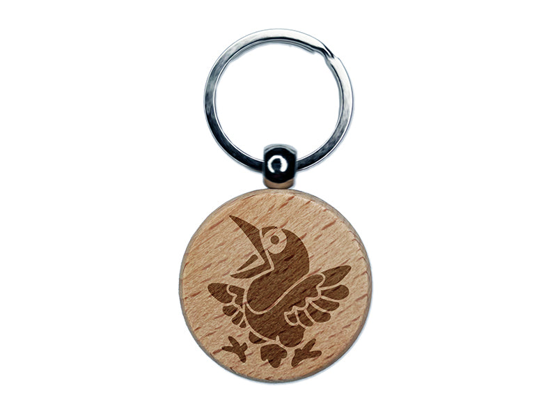 Shocked and Surprised Little Bird Crow Raven Engraved Wood Round Keychain Tag Charm