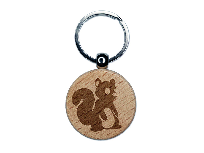 Sitting Squirrel Cartoon Critter Engraved Wood Round Keychain Tag Charm
