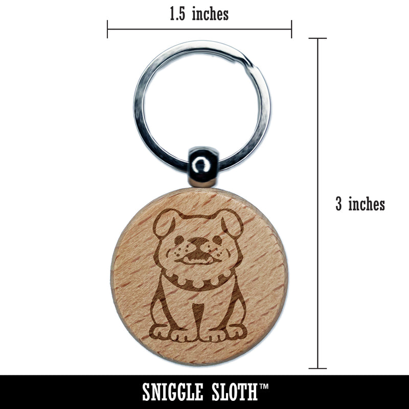 Smiling Bulldog Puppy Engraved Wood Round Keychain Tag Charm
