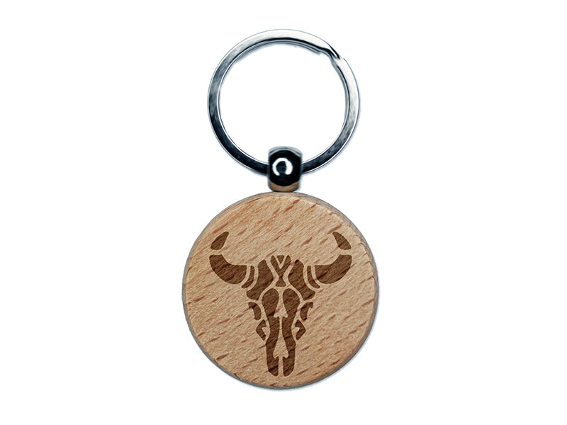 Southwestern Style Tribal Bull Cow Skull Engraved Wood Round Keychain Tag Charm
