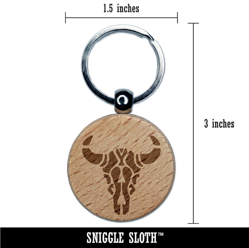 Southwestern Style Tribal Bull Cow Skull Engraved Wood Round Keychain Tag Charm