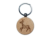 Southwestern Style Tribal Deer Antelope Engraved Wood Round Keychain Tag Charm