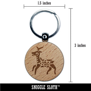 Southwestern Style Tribal Deer Antelope Engraved Wood Round Keychain Tag Charm