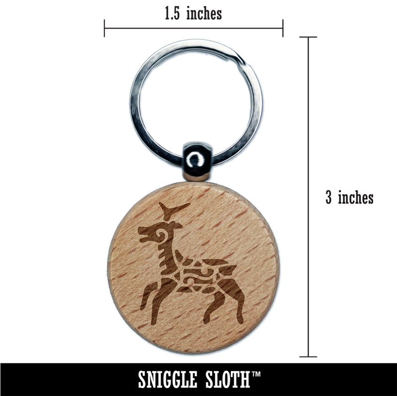 Southwestern Style Tribal Deer Antelope Engraved Wood Round Keychain Tag Charm