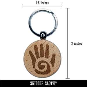 Southwestern Style Tribal Hand with Swirl Engraved Wood Round Keychain Tag Charm