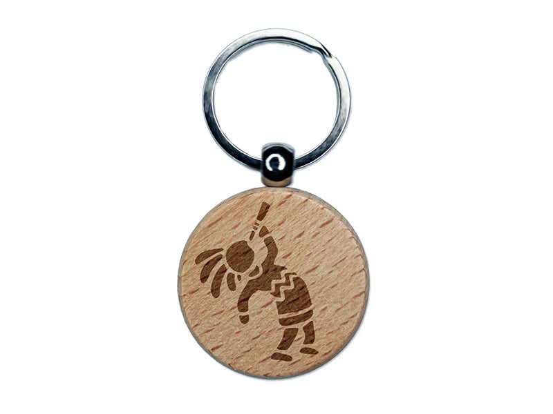 Southwestern Style Tribal Kokopelli Fertility Deity God Engraved Wood Round Keychain Tag Charm