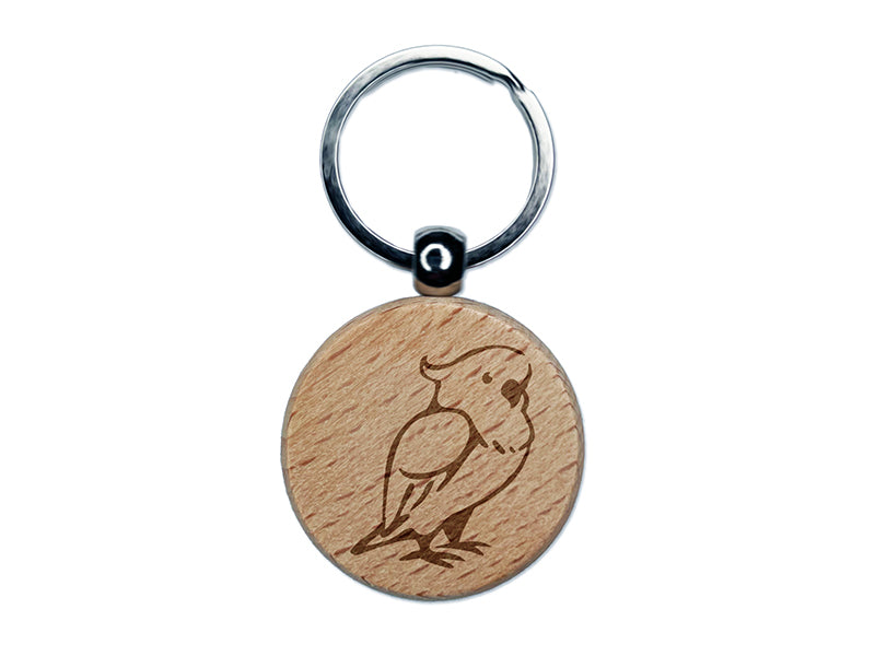 Standing Cockatoo Parrot Bird Engraved Wood Round Keychain Tag Charm