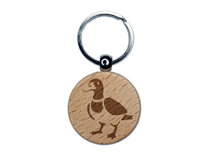 Standing Mallard Duck Engraved Wood Round Keychain Tag Charm