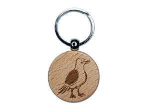 Standing Seagull Bird Engraved Wood Round Keychain Tag Charm