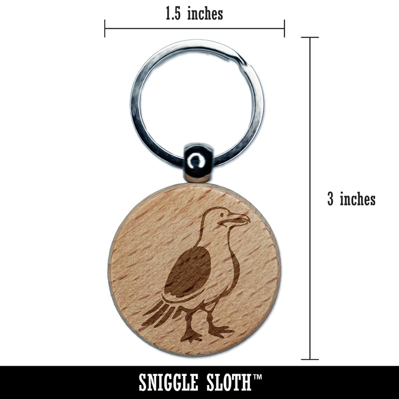 Standing Seagull Bird Engraved Wood Round Keychain Tag Charm