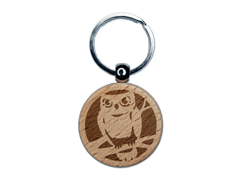 Wise Old Owl Sitting on Branch Engraved Wood Round Keychain Tag Charm