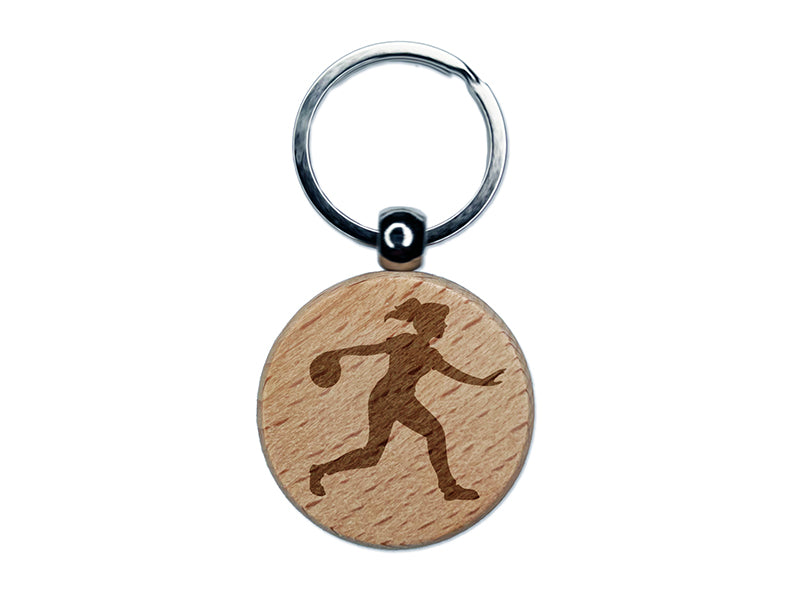 Woman Bowler Bowling Ball Side View Engraved Wood Round Keychain Tag Charm