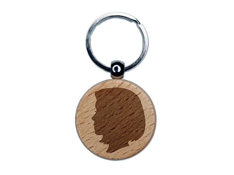 Woman Head Silhouette Engraved Wood Round Keychain Tag Charm