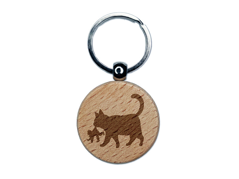 Yule Cat Taking Child Christmas Engraved Wood Round Keychain Tag Charm