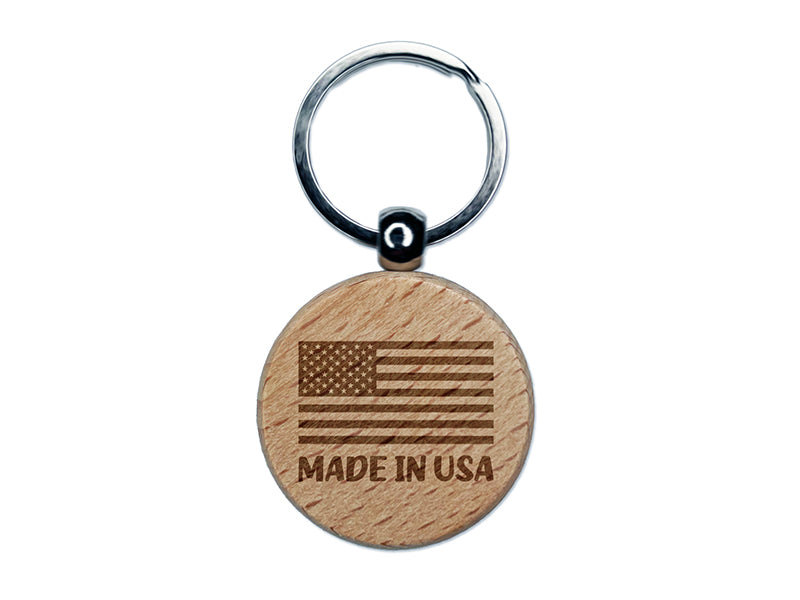 Made in USA America Flag Engraved Wood Round Keychain Tag Charm