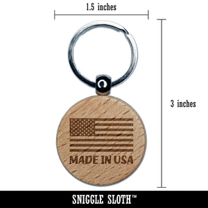 Made in USA America Flag Engraved Wood Round Keychain Tag Charm