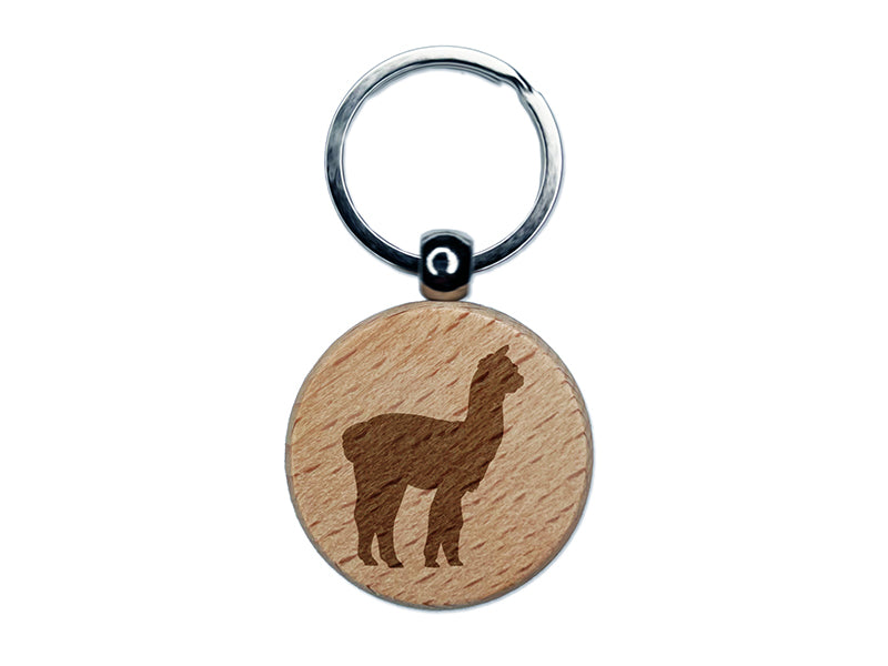 Alpaca Silhouette Engraved Wood Round Keychain Tag Charm