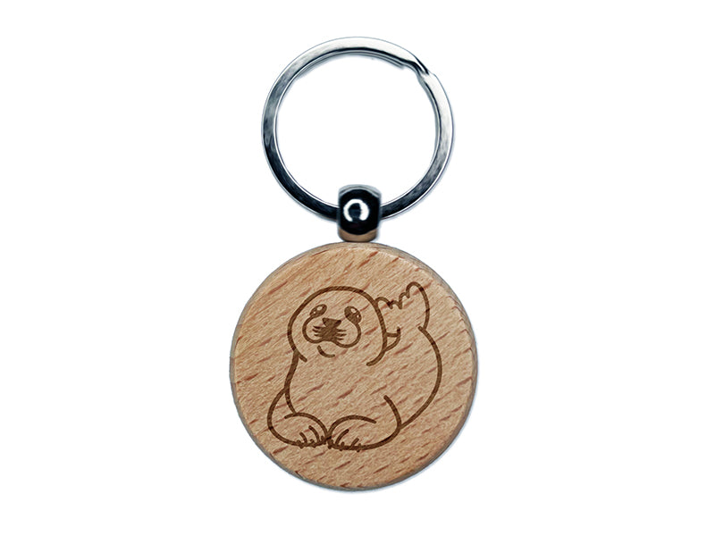 Baby Harp Seal Engraved Wood Round Keychain Tag Charm