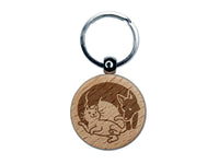 Dog and Cat Chasing in a Circle Engraved Wood Round Keychain Tag Charm