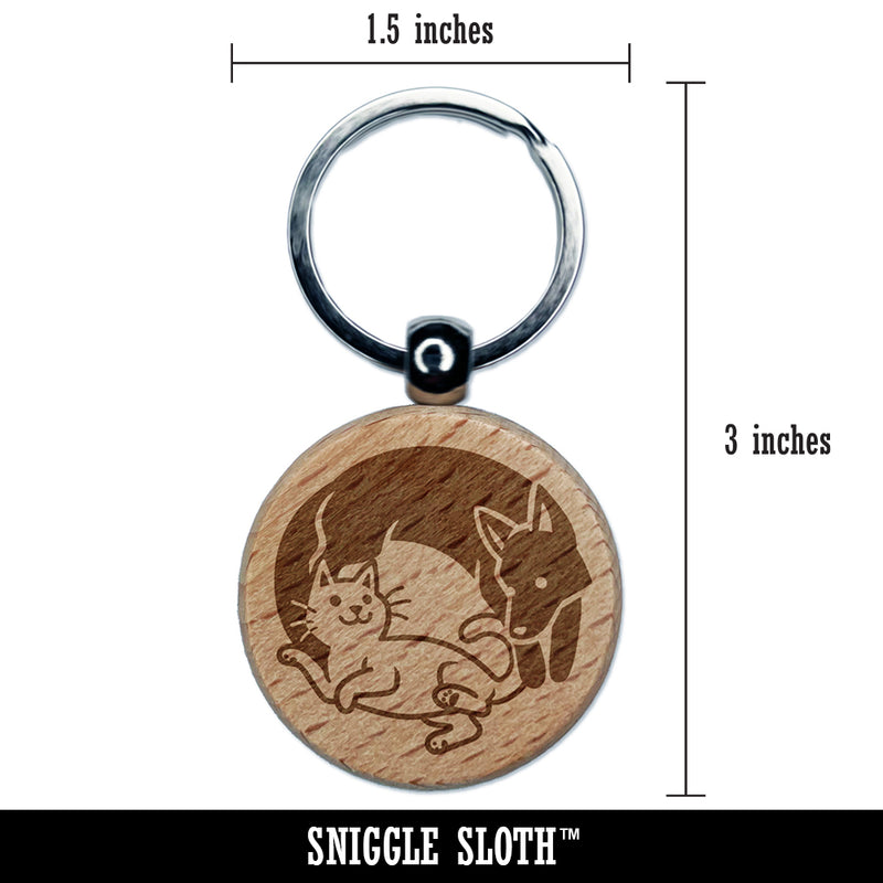 Dog and Cat Chasing in a Circle Engraved Wood Round Keychain Tag Charm