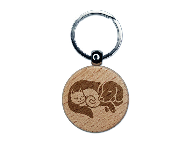 Dog and Cat Sleeping Engraved Wood Round Keychain Tag Charm