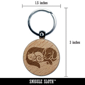 Dog and Cat Sleeping Engraved Wood Round Keychain Tag Charm