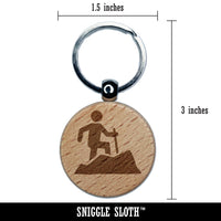 Hiker Hiking up Mountain Icon Engraved Wood Round Keychain Tag Charm