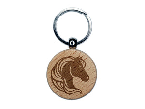 Horse Head Flowing Mane Stallion Engraved Wood Round Keychain Tag Charm