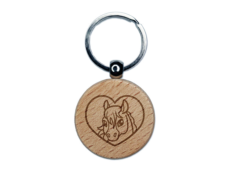 Horse Inside of Heart Engraved Wood Round Keychain Tag Charm