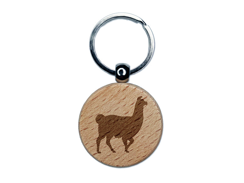 Llama Silhouette Engraved Wood Round Keychain Tag Charm