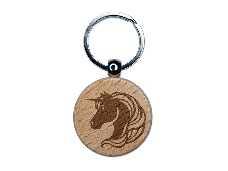 Unicorn Head Flowing Mane Engraved Wood Round Keychain Tag Charm