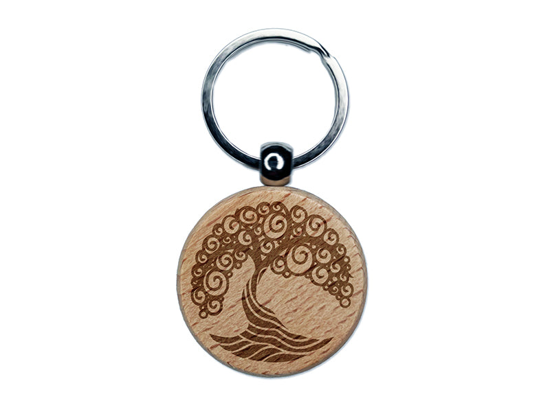 Abstract Tree of Life Engraved Wood Round Keychain Tag Charm