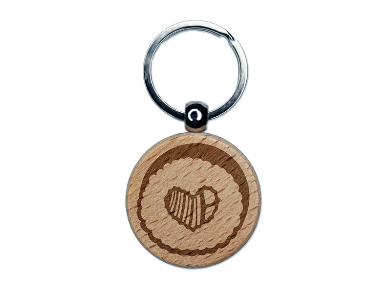 Sushi Roll Heart Center Engraved Wood Round Keychain Tag Charm