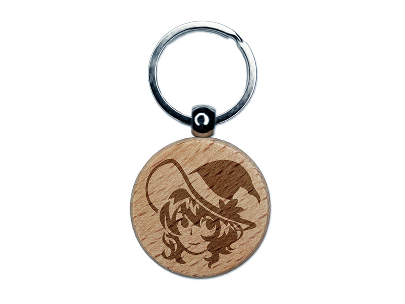 Adorable Anime Witch Girl with Hat Halloween Engraved Wood Round Keychain Tag Charm