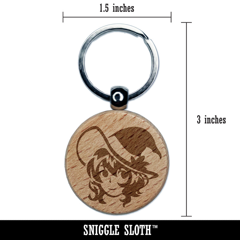 Adorable Anime Witch Girl with Hat Halloween Engraved Wood Round Keychain Tag Charm