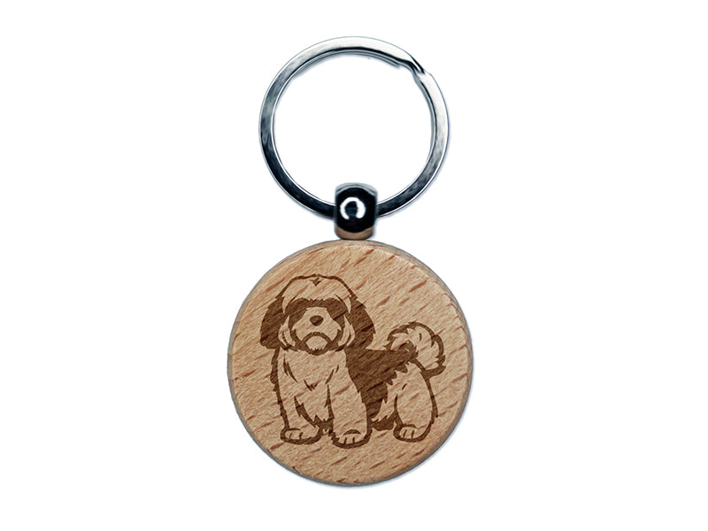 Alert Shaggy Shih Tzu Dog Engraved Wood Round Keychain Tag Charm