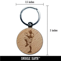 Baseball Softball Pitcher Winding Up Engraved Wood Round Keychain Tag Charm