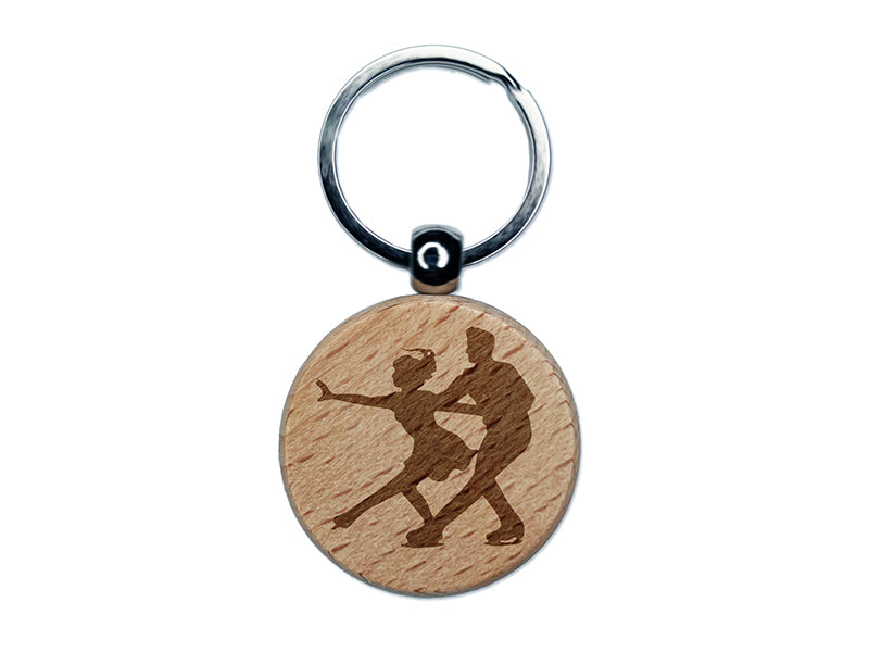 Figure Skating Couple Ice Skaters Engraved Wood Round Keychain Tag Charm