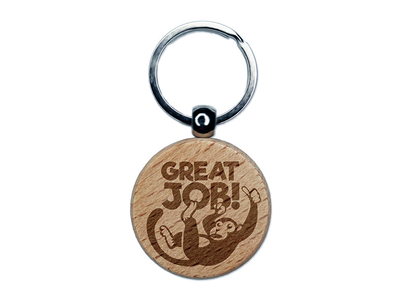 Great Job Monkey Teacher Student Engraved Wood Round Keychain Tag Charm